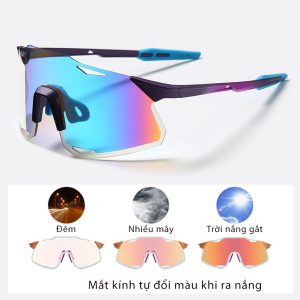 Kính Thể Thao Pickleball Chạy Bộ Đạp Xe S5 Mắt Tráng Gương - Đổi Màu Khi Ra Nắng - Gọng Tím Xanh
